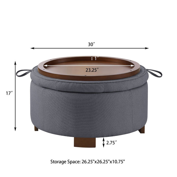English Elm Round Boucle Fabric Ottoman with Reversible Flip Top Hidden Storage and Wooden Legs Dark Gray W2186P487080
