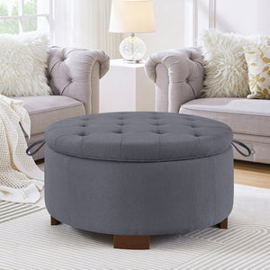 English Elm Round Boucle Fabric Ottoman with Reversible Flip Top Hidden Storage and Wooden Legs Dark Gray W2186P487080