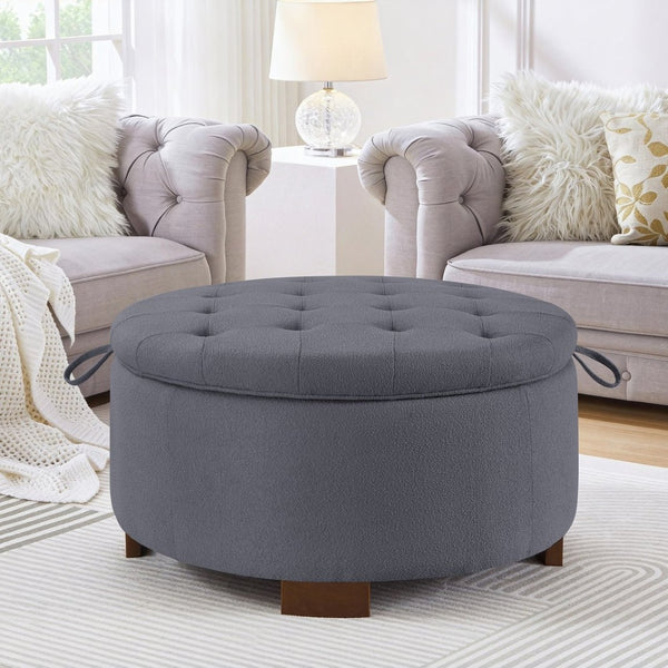 English Elm Round Boucle Fabric Ottoman with Reversible Flip Top Hidden Storage and Wooden Legs Dark Gray W2186P487080