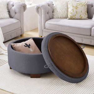 English Elm Round Boucle Fabric Ottoman with Reversible Flip Top Hidden Storage and Wooden Legs Dark Gray W2186P487080
