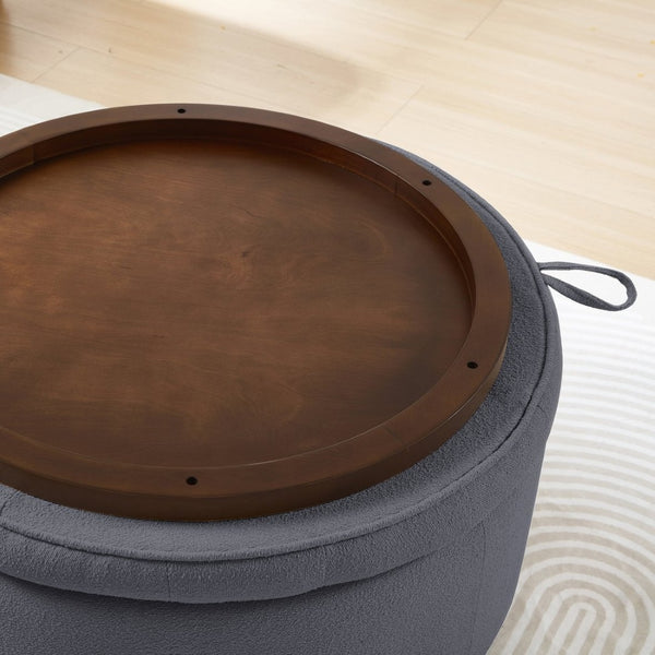 English Elm Round Boucle Fabric Ottoman with Reversible Flip Top Hidden Storage and Wooden Legs Dark Gray W2186P487080