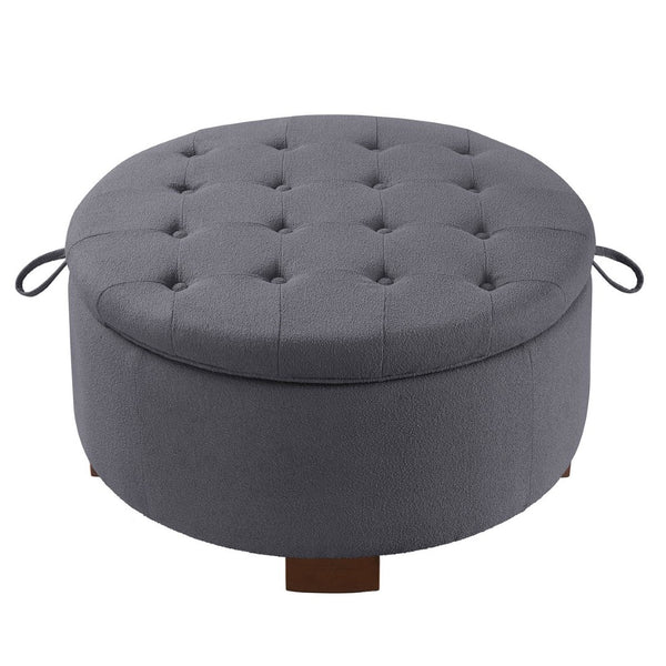 English Elm Round Boucle Fabric Ottoman with Reversible Flip Top Hidden Storage and Wooden Legs Dark Gray W2186P487080