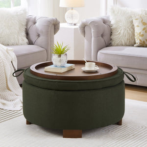 English Elm Round Boucle Fabric Ottoman with Reversible Flip Top Hidden Storage and Wooden Legs Dark Green W2186P487081