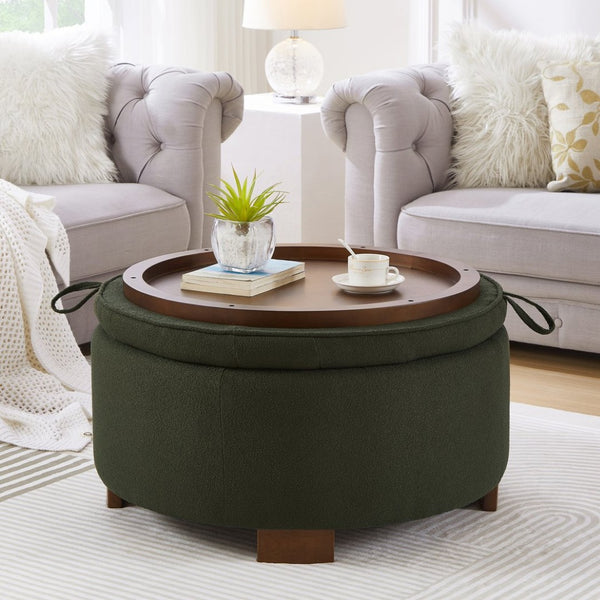 English Elm Round Boucle Fabric Ottoman with Reversible Flip Top Hidden Storage and Wooden Legs Dark Green W2186P487081
