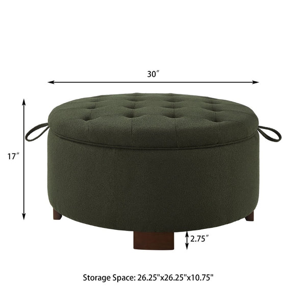 English Elm Round Boucle Fabric Ottoman with Reversible Flip Top Hidden Storage and Wooden Legs Dark Green W2186P487081