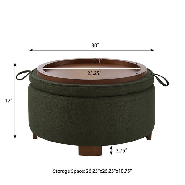 English Elm Round Boucle Fabric Ottoman with Reversible Flip Top Hidden Storage and Wooden Legs Dark Green W2186P487081