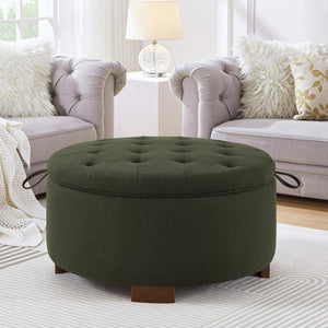 English Elm Round Boucle Fabric Ottoman with Reversible Flip Top Hidden Storage and Wooden Legs Dark Green W2186P487081