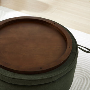 English Elm Round Boucle Fabric Ottoman with Reversible Flip Top Hidden Storage and Wooden Legs Dark Green W2186P487081