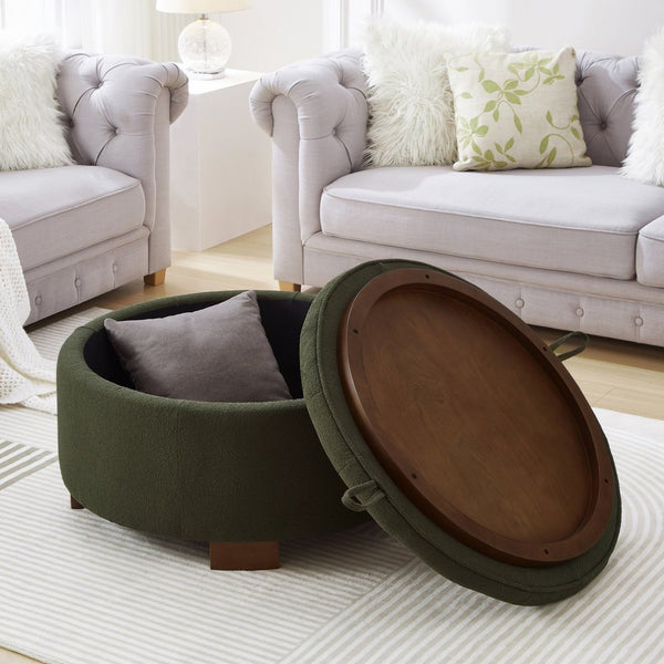 English Elm Round Boucle Fabric Ottoman with Reversible Flip Top Hidden Storage and Wooden Legs Dark Green W2186P487081