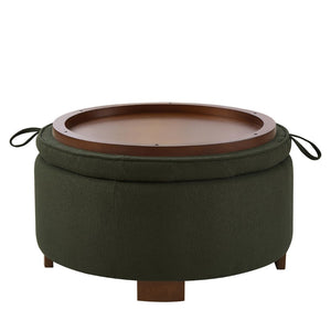 English Elm Round Boucle Fabric Ottoman with Reversible Flip Top Hidden Storage and Wooden Legs Dark Green W2186P487081
