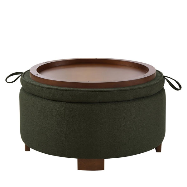 English Elm Round Boucle Fabric Ottoman with Reversible Flip Top Hidden Storage and Wooden Legs Dark Green W2186P487081
