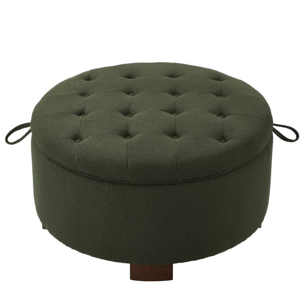 English Elm Round Boucle Fabric Ottoman with Reversible Flip Top Hidden Storage and Wooden Legs Dark Green W2186P487081