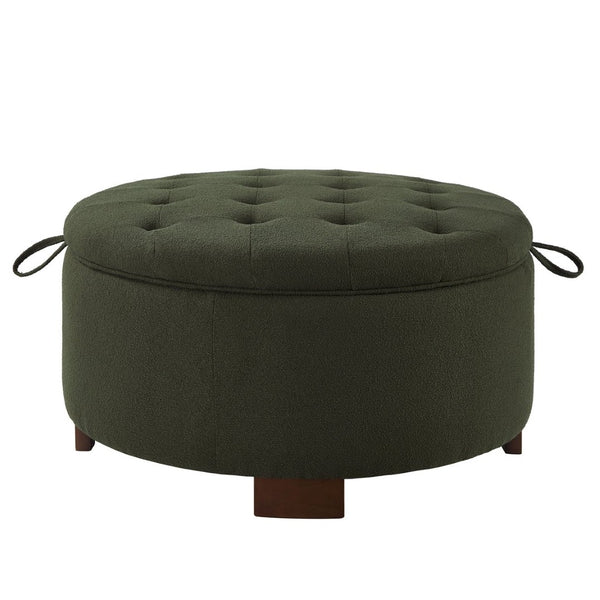 English Elm Round Boucle Fabric Ottoman with Reversible Flip Top Hidden Storage and Wooden Legs Dark Green W2186P487081
