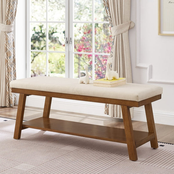 English Elm Linen Upholstered Storage Bench Padded Seat Open Shelf Bedroom Entryway Modern Ivory W2186P487598