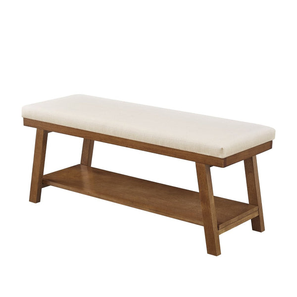 English Elm Linen Upholstered Storage Bench Padded Seat Open Shelf Bedroom Entryway Modern Ivory W2186P487598