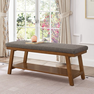 English Elm Linen Upholstered Storage Bench Padded Seat Open Shelf Bedroom Entryway Modern Granite W2186P487599