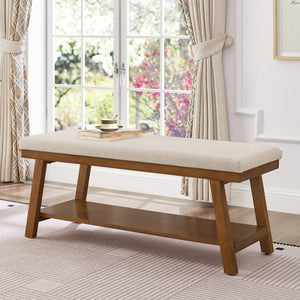 English Elm Linen Upholstered Storage Bench Padded Seat Open Shelf Bedroom Entryway Modern Beige W2186P487600