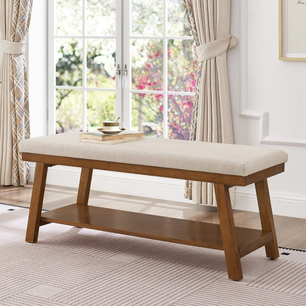 English Elm Linen Upholstered Storage Bench Padded Seat Open Shelf Bedroom Entryway Modern Beige W2186P487600