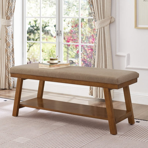 English Elm Linen Upholstered Storage Bench Padded Seat Open Shelf Bedroom Entryway Modern Linen W2186P487601