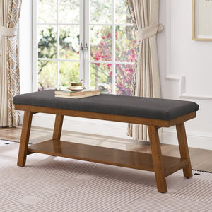English Elm Linen Upholstered Storage Bench Padded Seat Open Shelf Bedroom Entryway Modern Dark Gray W2186P487602