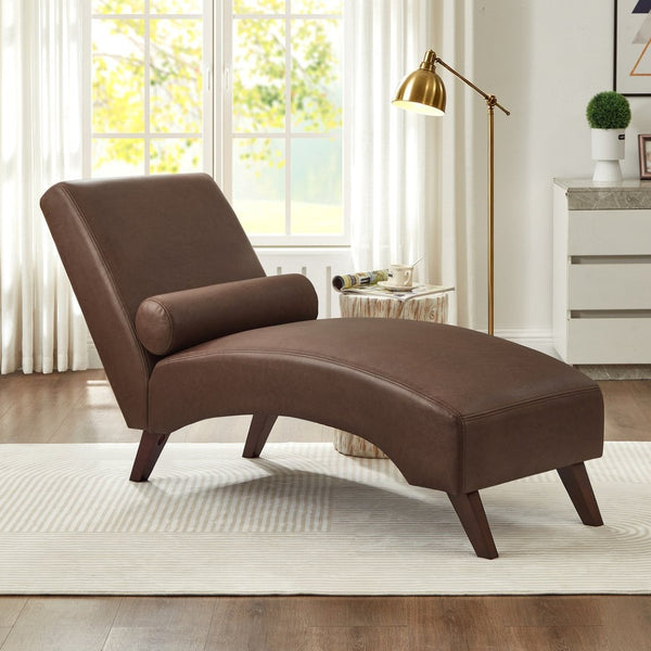 English Elm Chaise Lounge Mid Century Modern Upholstered Tech Fabric Curved Lounger with Bolster Pillow Brown W2186P496720