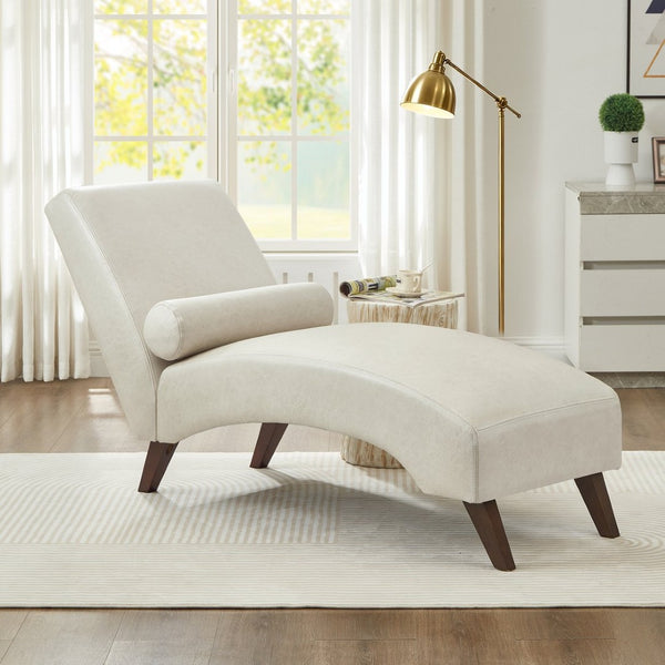 English Elm Chaise Lounge Mid Century Modern Upholstered Tech Fabric Curved Lounger with Bolster Pillow Beige W2186P496721