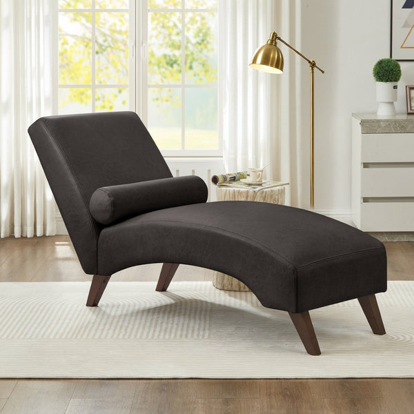 English Elm Chaise Lounge Mid Century Modern Upholstered Tech Fabric Curved Lounger with Bolster Pillow Dark Gray W2186P496723