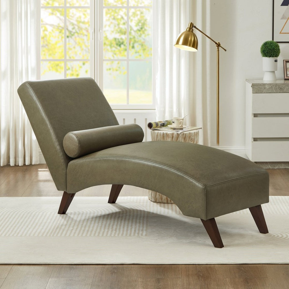 English Elm Chaise Lounge Mid Century Modern Upholstered Tech Fabric Curved Lounger with Bolster Pillow Olive Green W2186P496724