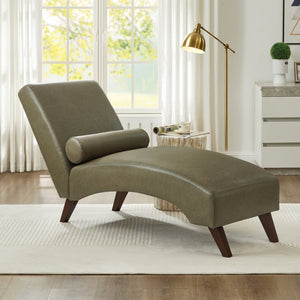 English Elm Chaise Lounge Mid Century Modern Upholstered Tech Fabric Curved Lounger with Bolster Pillow Olive Green W2186P496724