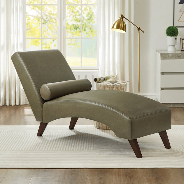 English Elm Chaise Lounge Mid Century Modern Upholstered Tech Fabric Curved Lounger with Bolster Pillow Olive Green W2186P496724