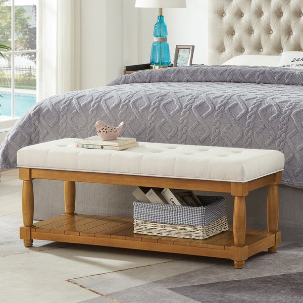English Elm Upholstered Tufted Bench with Slatted Shelf Spindle Legs Bedroom Entryway Accent Ivory W2186P504495
