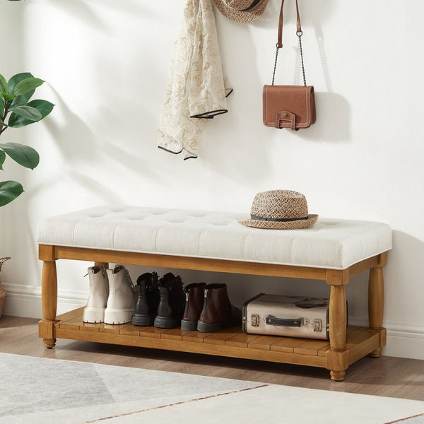 English Elm Upholstered Tufted Bench with Slatted Shelf Spindle Legs Bedroom Entryway Accent Ivory W2186P504495