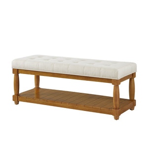 English Elm Upholstered Tufted Bench with Slatted Shelf Spindle Legs Bedroom Entryway Accent Ivory W2186P504495