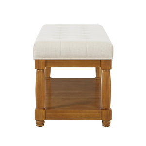 English Elm Upholstered Tufted Bench with Slatted Shelf Spindle Legs Bedroom Entryway Accent Ivory W2186P504495