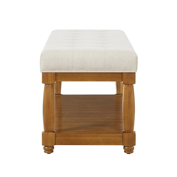 English Elm Upholstered Tufted Bench with Slatted Shelf Spindle Legs Bedroom Entryway Accent Ivory W2186P504495