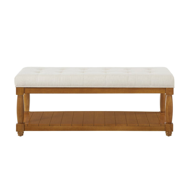 English Elm Upholstered Tufted Bench with Slatted Shelf Spindle Legs Bedroom Entryway Accent Ivory W2186P504495