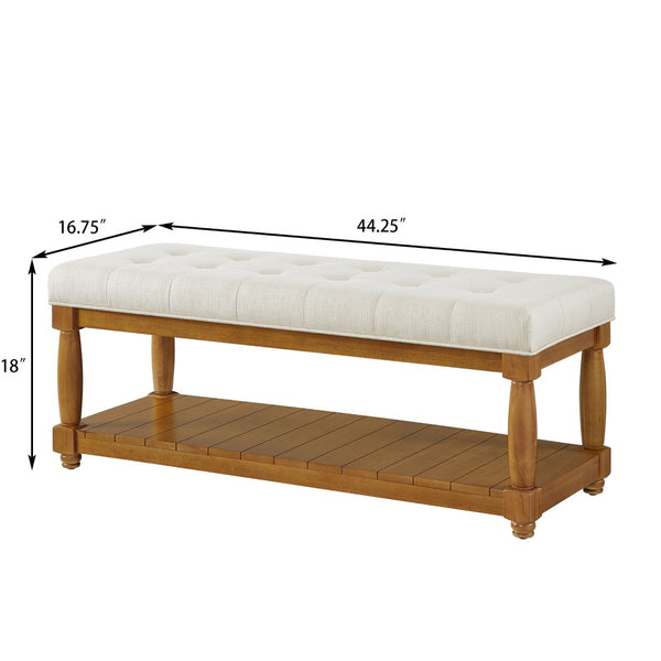 English Elm Upholstered Tufted Bench with Slatted Shelf Spindle Legs Bedroom Entryway Accent Ivory W2186P504495