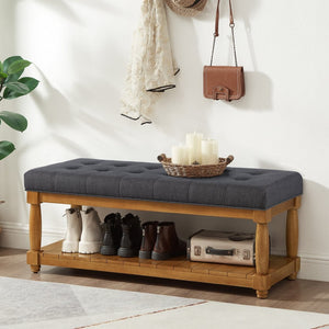 English Elm Upholstered Tufted Bench with Slatted Shelf Spindle Legs Bedroom Entryway Accent Charcoal W2186P504496