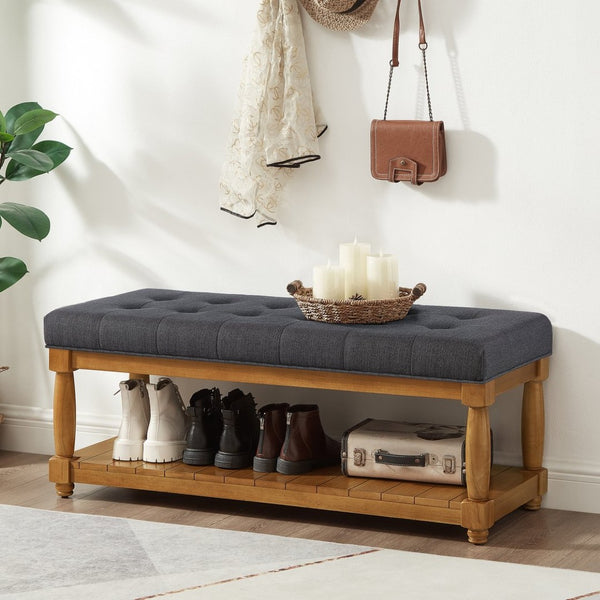 English Elm Upholstered Tufted Bench with Slatted Shelf Spindle Legs Bedroom Entryway Accent Charcoal W2186P504496