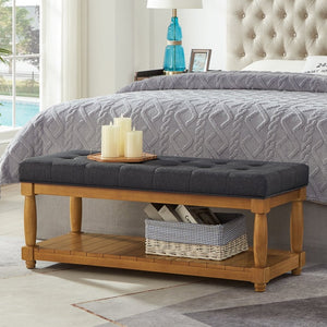 English Elm Upholstered Tufted Bench with Slatted Shelf Spindle Legs Bedroom Entryway Accent Charcoal W2186P504496