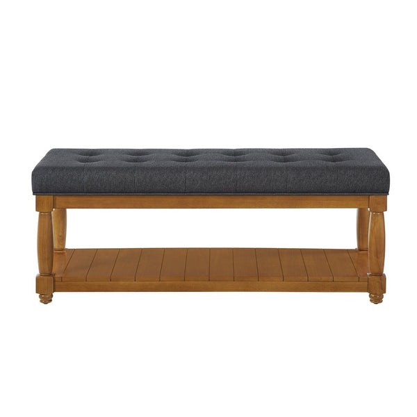 English Elm Upholstered Tufted Bench with Slatted Shelf Spindle Legs Bedroom Entryway Accent Charcoal W2186P504496