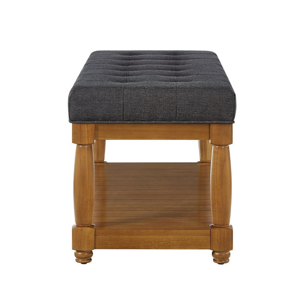 English Elm Upholstered Tufted Bench with Slatted Shelf Spindle Legs Bedroom Entryway Accent Charcoal W2186P504496
