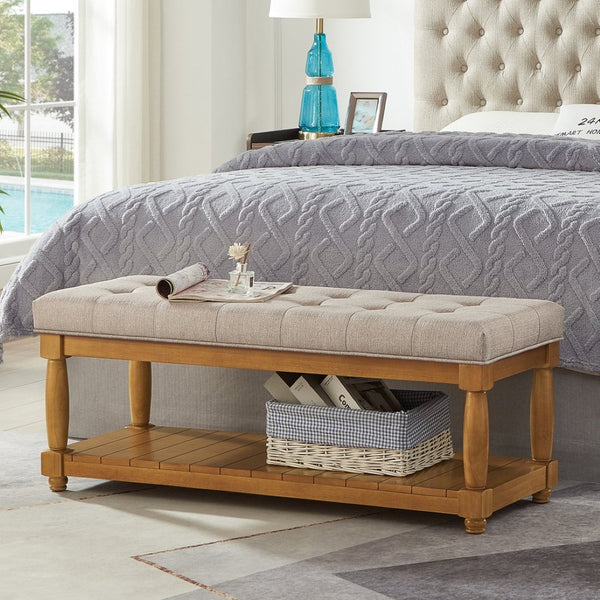 English Elm Upholstered Tufted Bench with Slatted Shelf Spindle Legs Bedroom Entryway Accent Linen W2186P504497