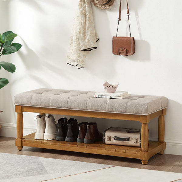 English Elm Upholstered Tufted Bench with Slatted Shelf Spindle Legs Bedroom Entryway Accent Linen W2186P504497