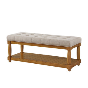 English Elm Upholstered Tufted Bench with Slatted Shelf Spindle Legs Bedroom Entryway Accent Linen W2186P504497