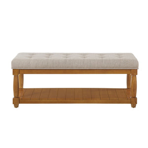 English Elm Upholstered Tufted Bench with Slatted Shelf Spindle Legs Bedroom Entryway Accent Linen W2186P504497
