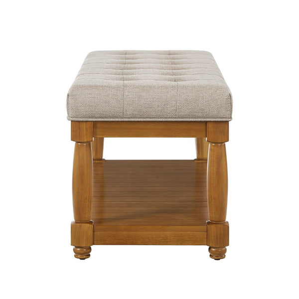 English Elm Upholstered Tufted Bench with Slatted Shelf Spindle Legs Bedroom Entryway Accent Linen W2186P504497