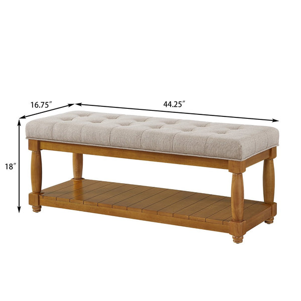 English Elm Upholstered Tufted Bench with Slatted Shelf Spindle Legs Bedroom Entryway Accent Linen W2186P504497