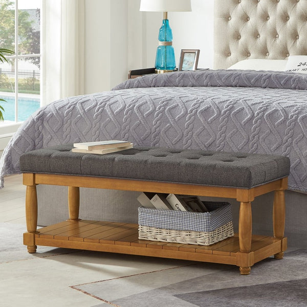 English Elm Upholstered Tufted Bench with Slatted Shelf Spindle Legs Bedroom Entryway Accent Granite W2186P504498
