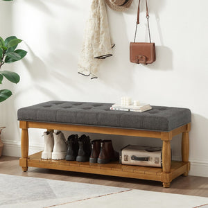 English Elm Upholstered Tufted Bench with Slatted Shelf Spindle Legs Bedroom Entryway Accent Granite W2186P504498